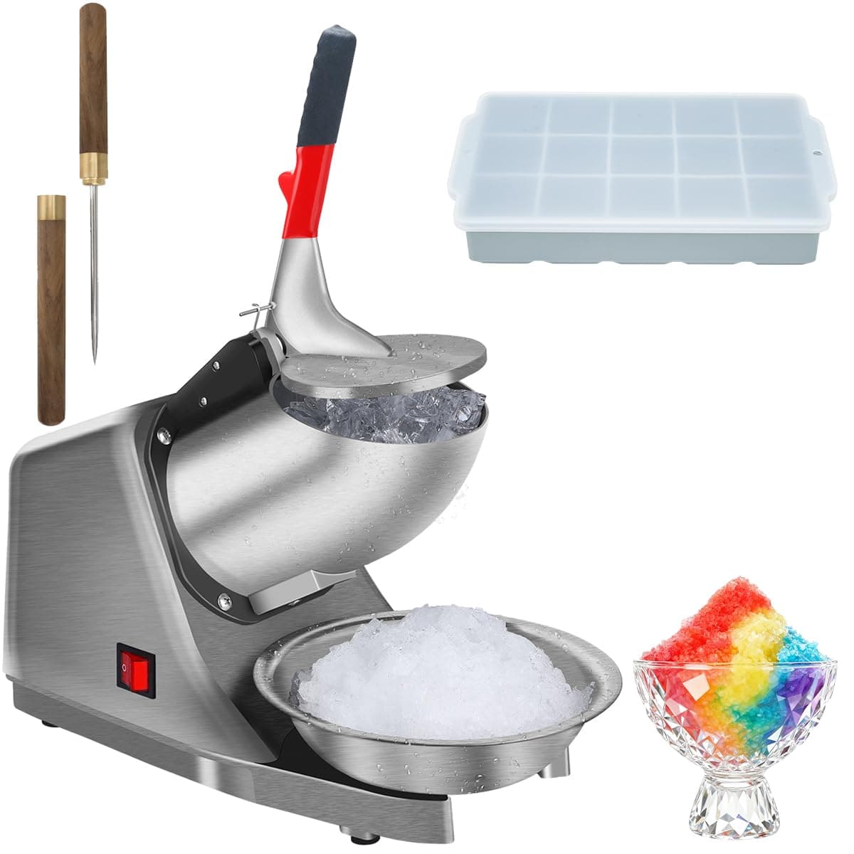 Snow Cone Machine Shaved Ice Machine Ice Crusher with Stainless Steel Blade Kitchen Electric for Shaved Ice and Snow Cone (300W 2000r/min) Also Comes with a Free Ice Pick and Ice Cube Tray