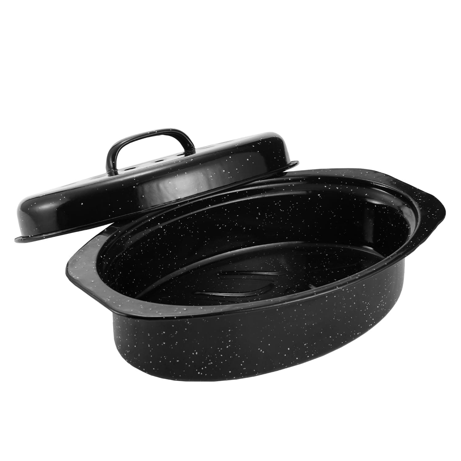 Granite Roasting Pan, Small 13” Enameled Roasting Pan with Domed Lid. Oval Turkey Roaster Pot, Broiler Pan Great for Small Chicken, Lamb, Vegetable. Dishwasher Safe Cookware Fit for 7Lb Bird