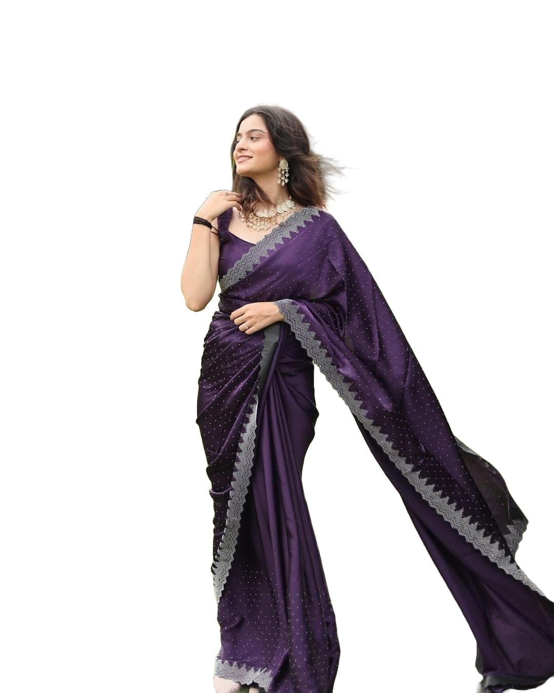 Hot Fix Solid Purple Color Foam Satin Saree with Unstitched Blouse (AZ-YS-OG1-PINTU, Purple, One Size, purple, One size