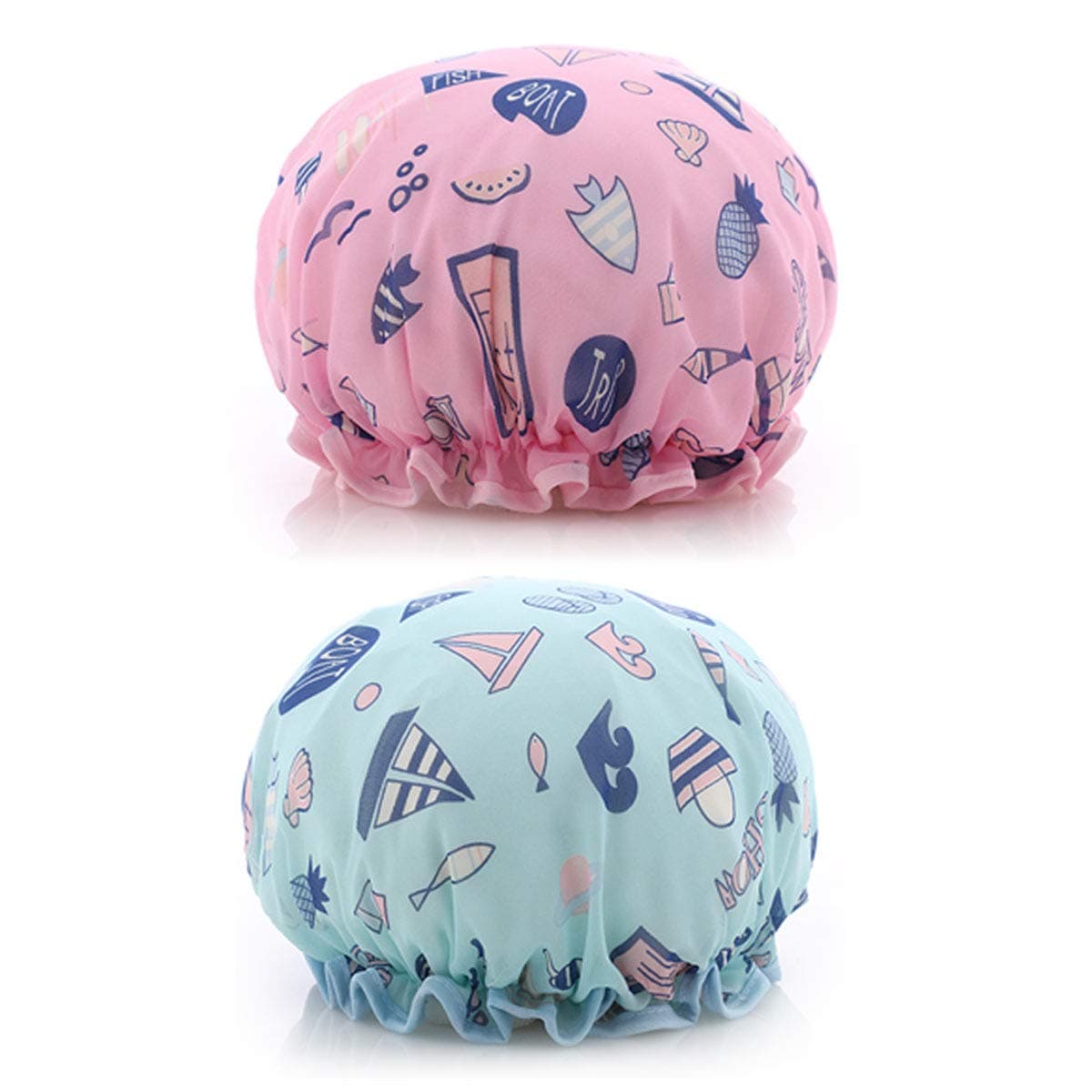 2 Pack Ocean Shower Cap Double Layers Bath Caps for Women Reusable Spa Waterproof Designed Satin Lined (Pink and Blue)