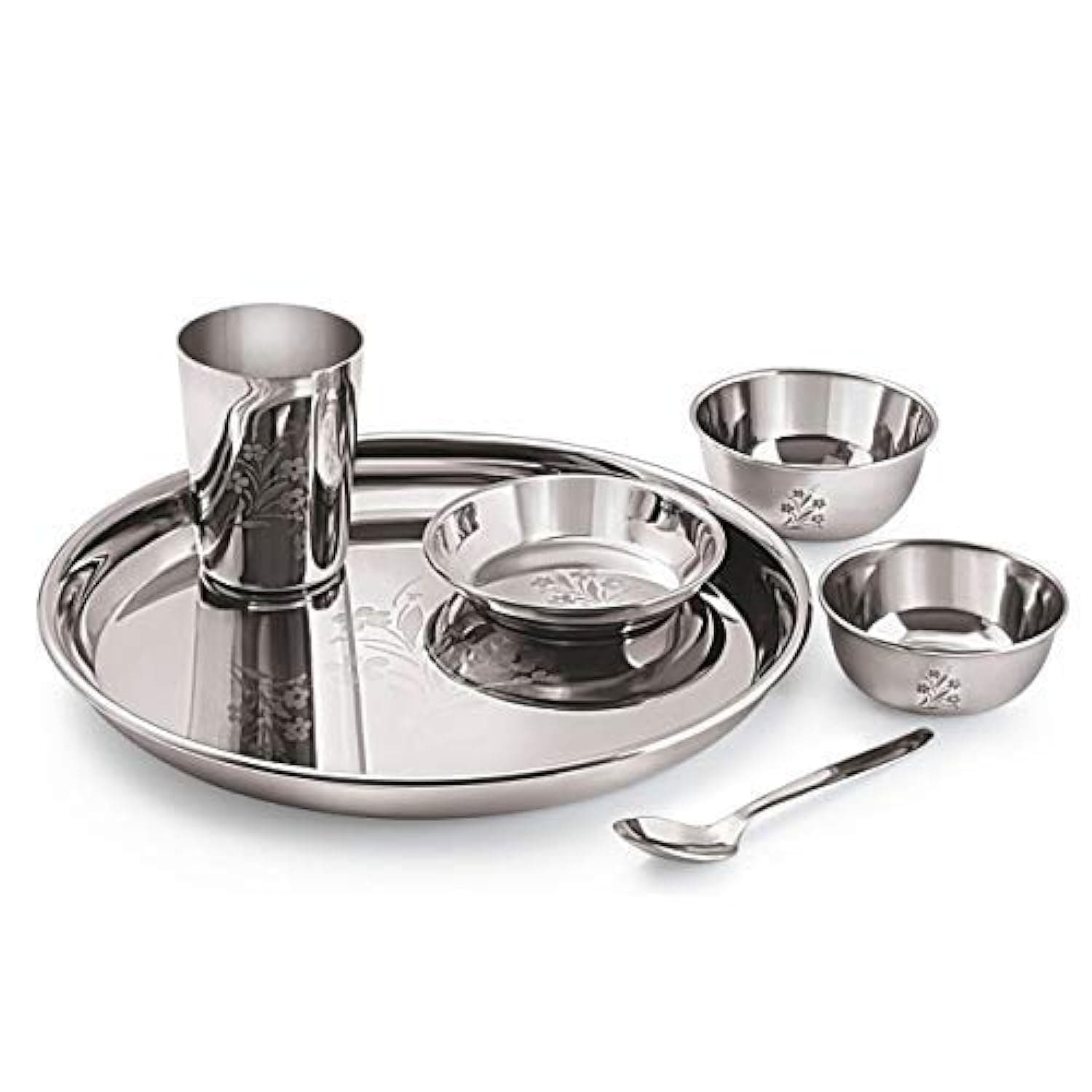 Neelam Stainless Steel 22 Gauge, 6 Pieces Mini Lazer Etching Dinner Set, Ideal Gifting Dinner Set, Ideal for Special Occasions Like Anniversary, Wedding, Housewarming Party, Dishwasher Safe