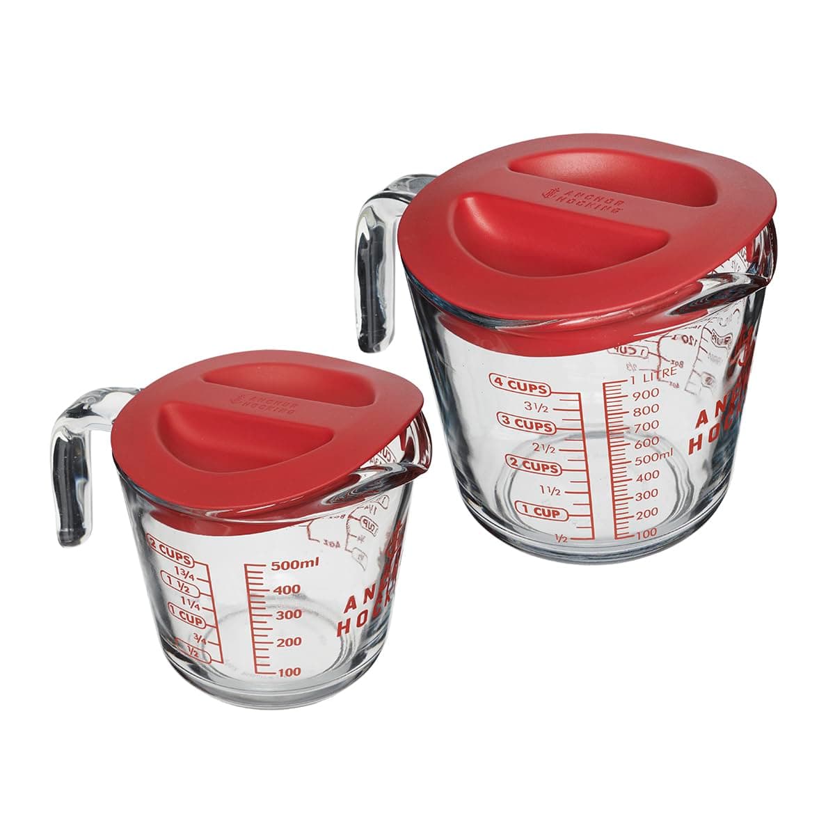 Anchor Hocking Lidded Measuring Cup Set (2-Piece, 2-Cup & 4-Cup with Red Lids, Dishwasher Safe)
