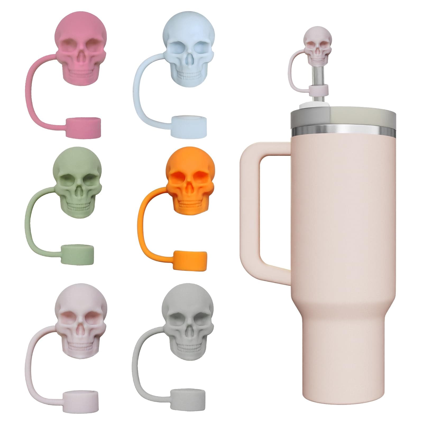 6 PCS Cute 3D Skull Designed Straw Covers for Stanley Cup 30 40 oz, 10 mm 0.4 inch Silicone Reusable Drinking Straw Toppers