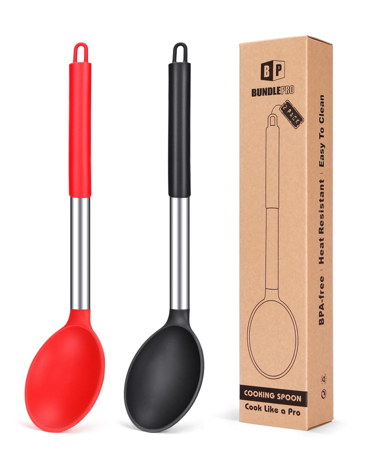 Pack of 2 Large Silicone Cooking Spoon,Non Stick Solid Basting Spoon, Heat-Resistant Kitchen Utensils for Mixing, Serving (Black-Red)