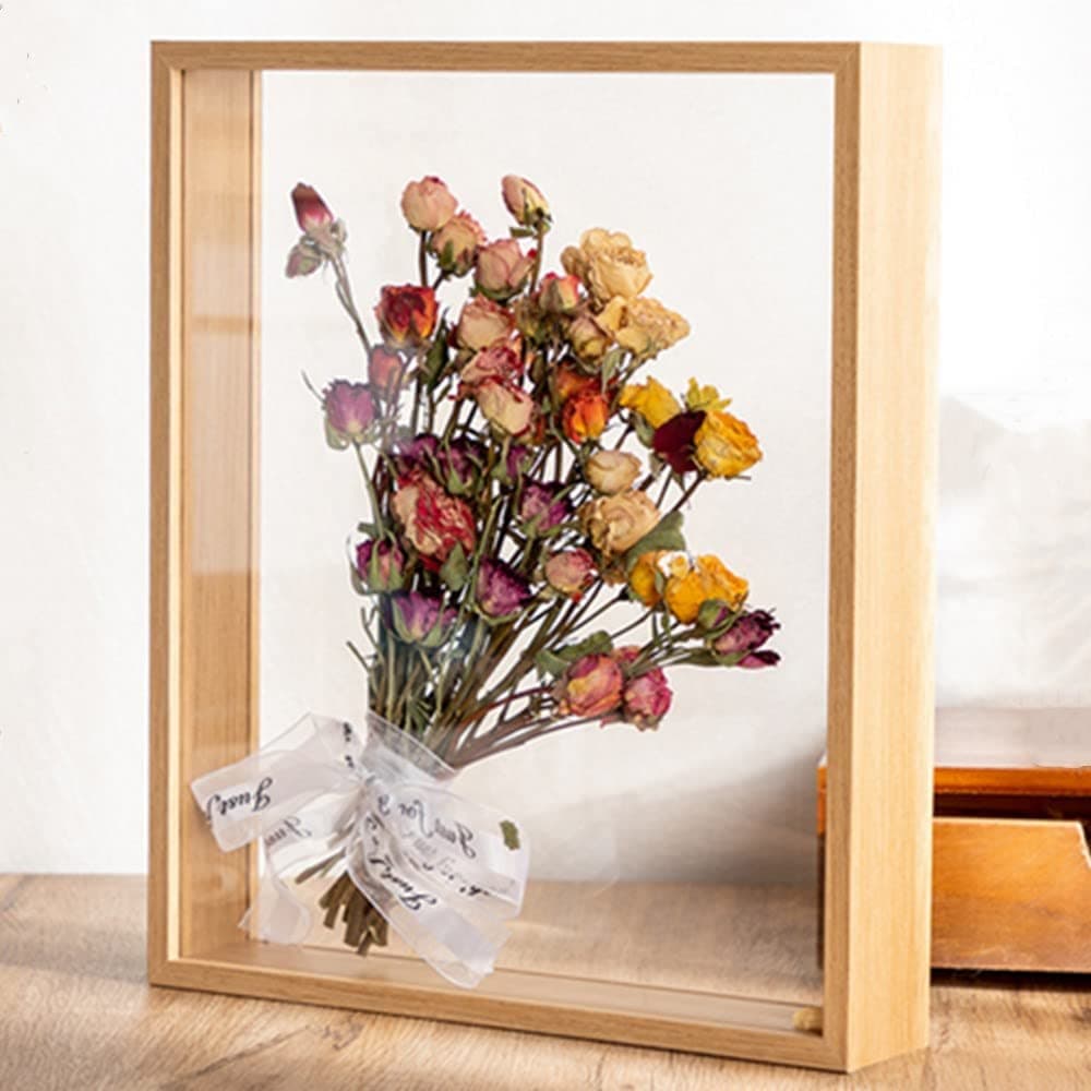 8X10 Floating Frame In Light Oak,Double Glass Picture Display Photo ,Wooden Dried Flower Stand Decorative