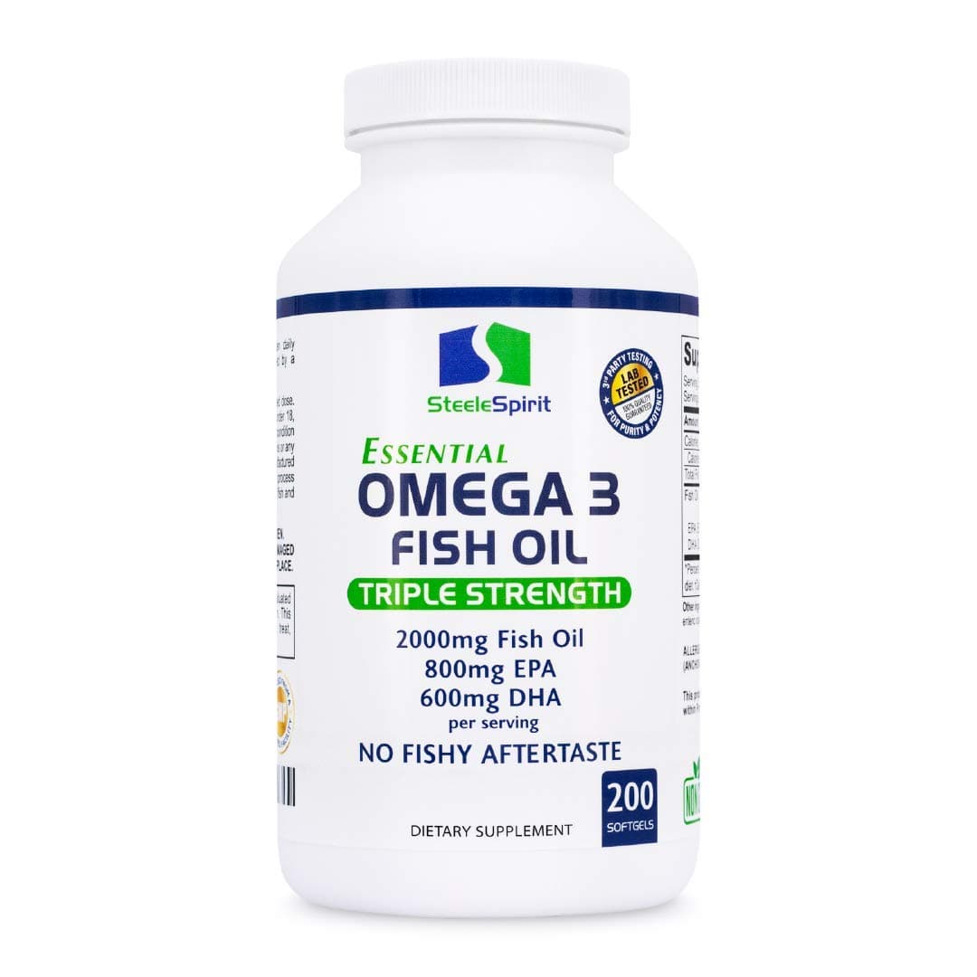 Fish Oil Omega 3 Supplement - Triple Strength for Maximum Support of Your Immune, Brain, Heart & Joint Health - Non-GMO - 200 Burpless Capsules - by Steele Spirit by Steele Spirit