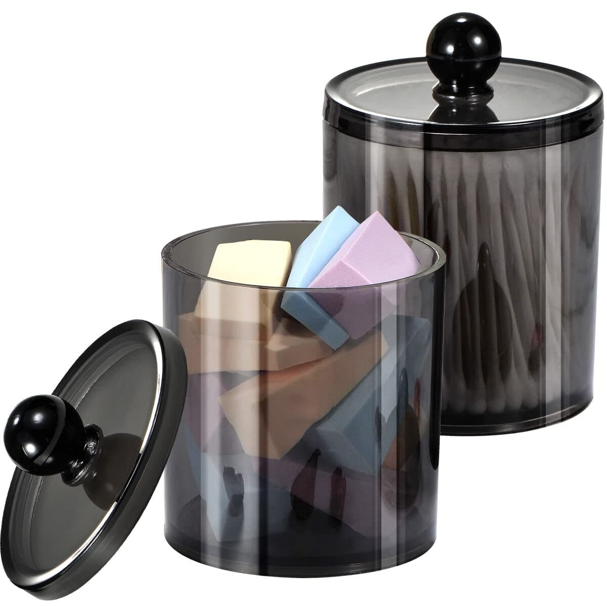 SheeChung 2 Pack 10 Oz. Small Clear Plastic Apothecary Jar - Qtip Dispenser Holder, Bathroom Vanity Storage Canister, Acrylic Jar for Cotton Ball, Swab, Q-tips, Rounds (Black)