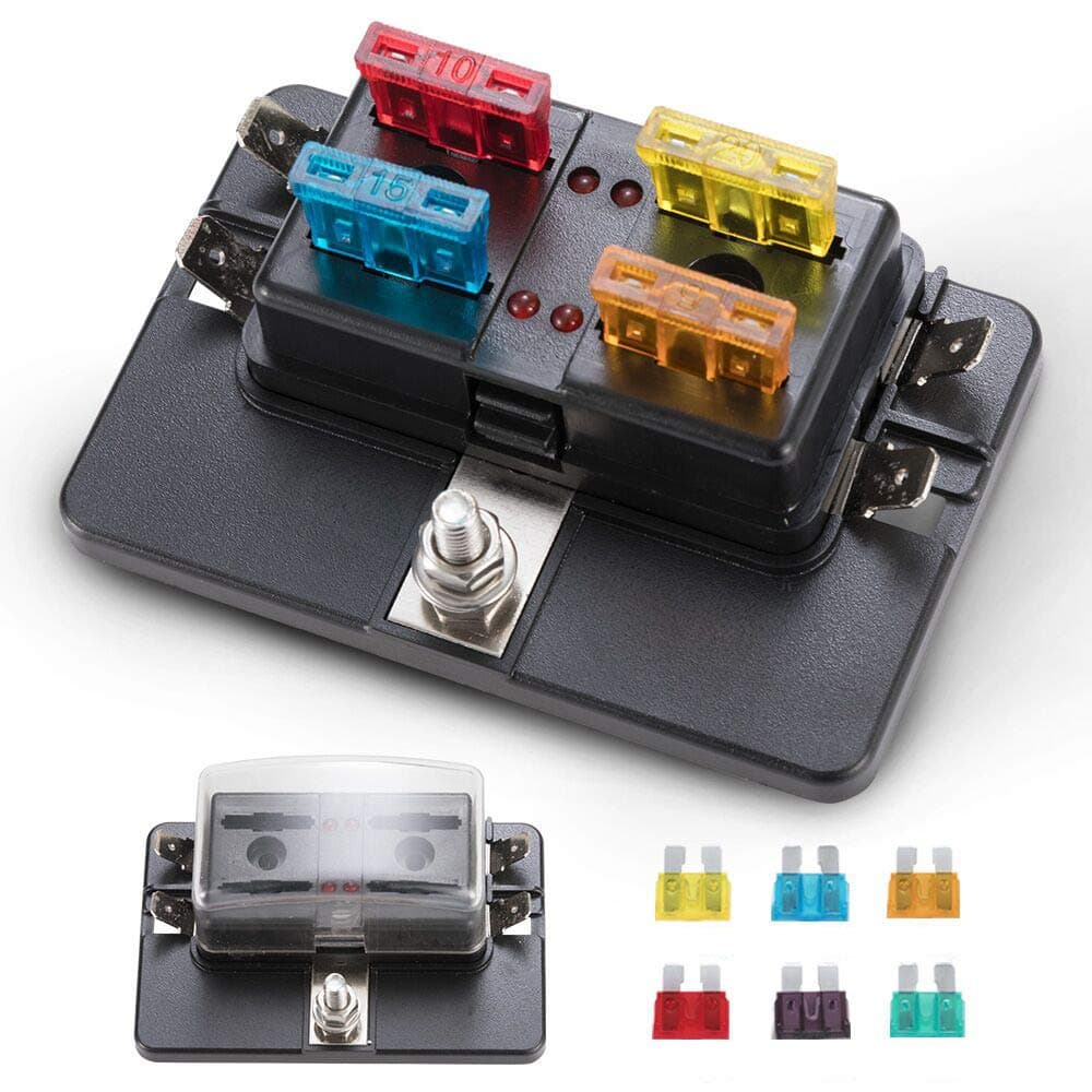 BUNKER INDUST 4-Way Blade Fuse Box with LED Indicator for Blown Fuse,Fuse Block Holder Box with Protection Cover for Car Boat Marine Automotive,Include 12Pcs Blade Fuses