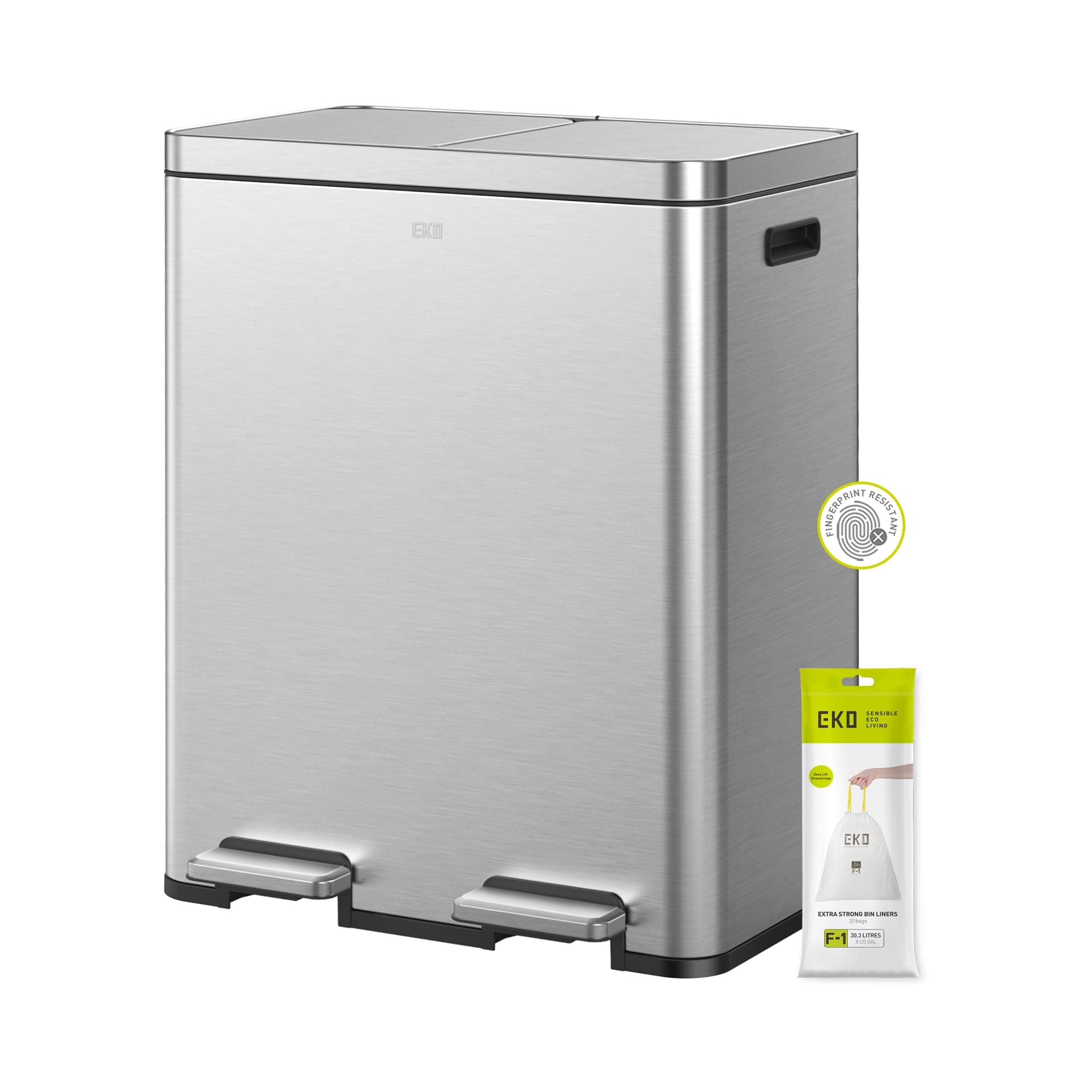 EKO Edison 60L Dual Rubbish Bin, 2×30L Large Capacity Kitchen Pedal Recycling Bin with Soft-Close Lids, Removable Buckets, Fingerprint-Resistant Stainless Steel Bin for Waste and Recycling