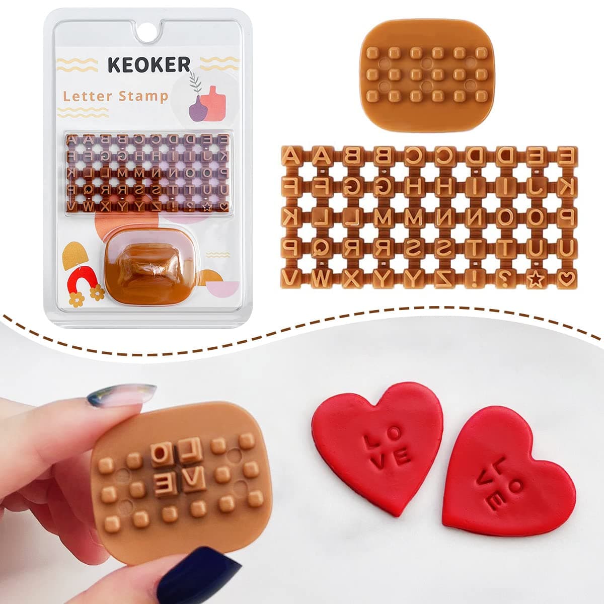 Keoker Small Plastic Clay Letter Stamps - 3 Lines, Rectangular, Also Used as Cookie Stamps