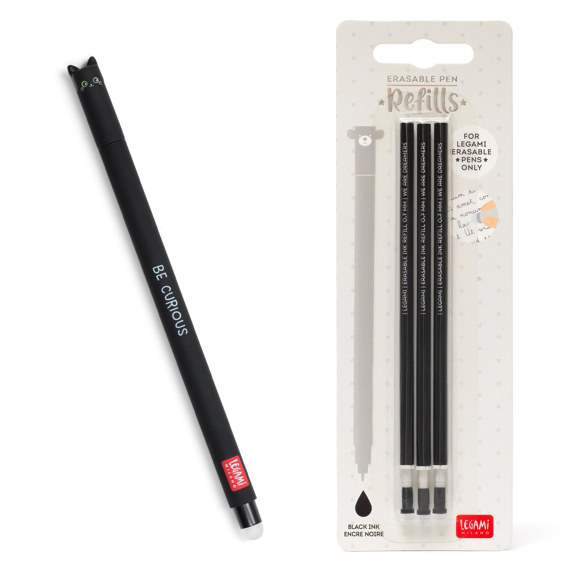 Erasable Gel Pen, Ball on the End to Remove Ink without Consuming the Paper - Black Thermal Sensitive Ink, Tip Diameter 0.7 mm - Cats Theme