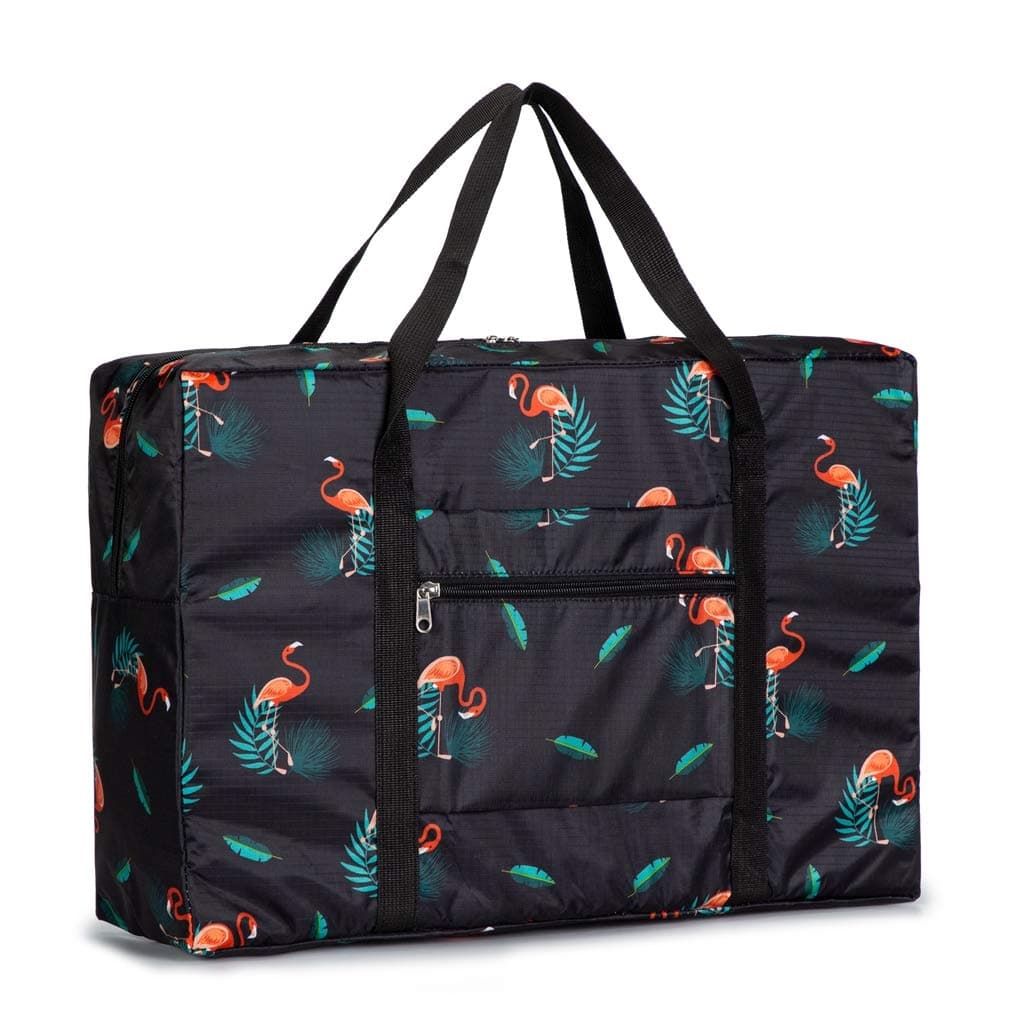 Carry-on Foldable Flight Bag, Lightweight Duffel Luggage Organizer Storage, Black Flamingo, Sporting