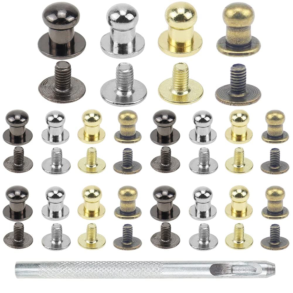PLCatis Sam Browne Studs Leather Rivets Chicago Screws 80pcs 5mm Button Studs Assorted Colors Round Head Slotted Screws Nail Rivet with Hole Puncher Belt for DIY Craft Leather Purse Handbag