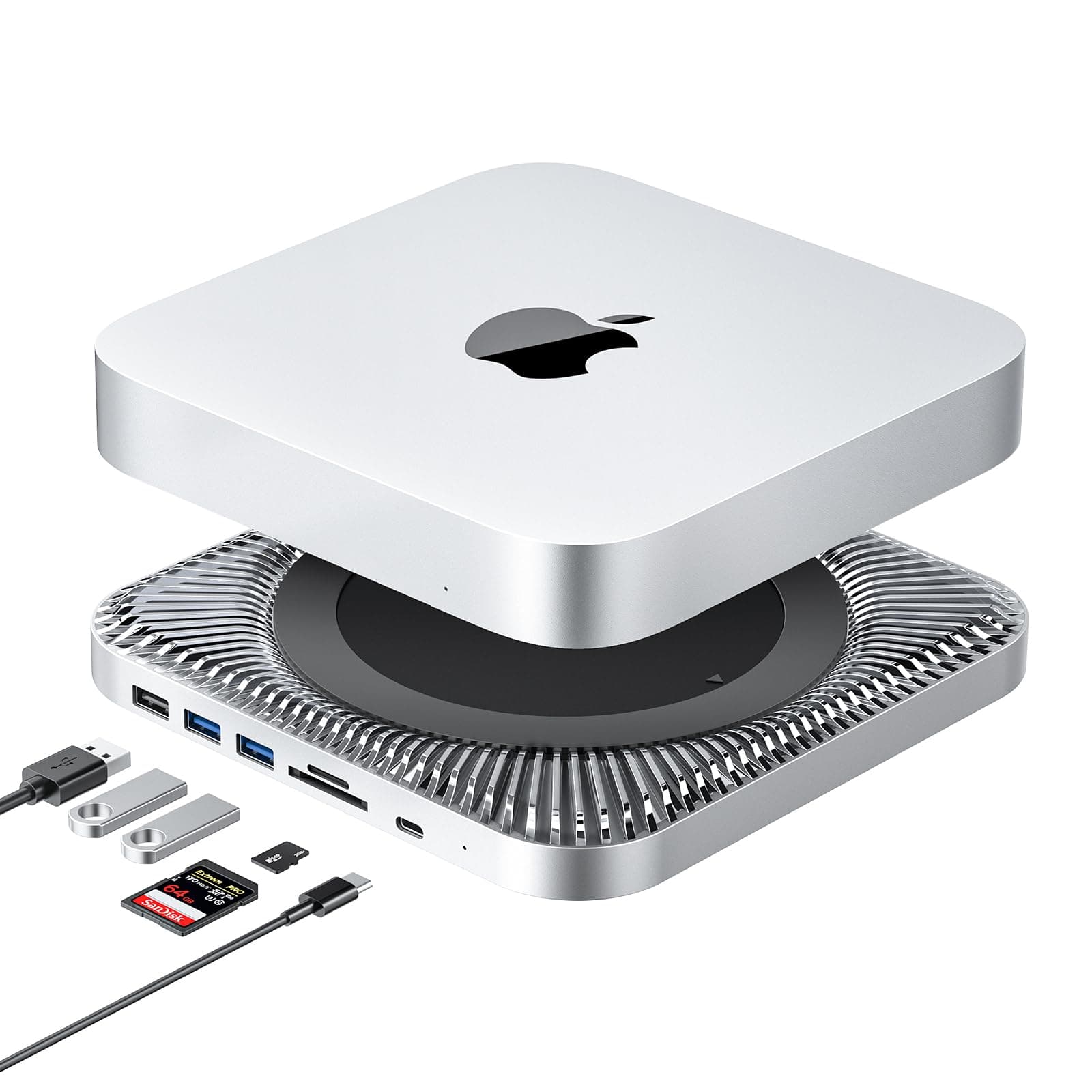 RayCue Mac Mini Hub & Type-C Stand with SSD Enclosure - Mac Mini M1/M2 Stand with 2.5" SATA SSD, USB-C Data Port, Dual USB 3.0/2.0 Ports, Micro/SD Card Readers