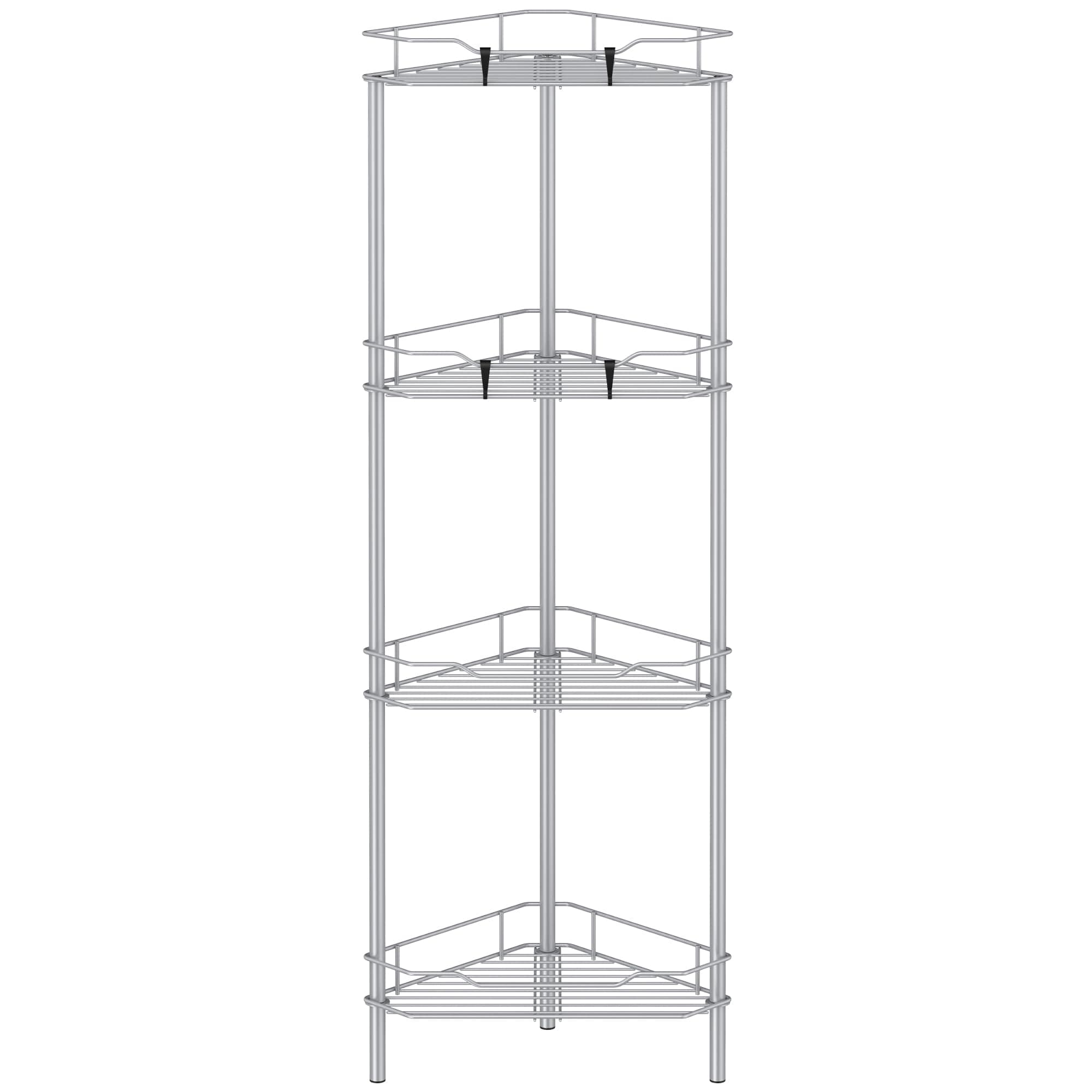 4 Tier Floor Standing Corner Shower Caddy Organizer Shelf with Hooks, Bathroom Shelves Stand Rack, Silver