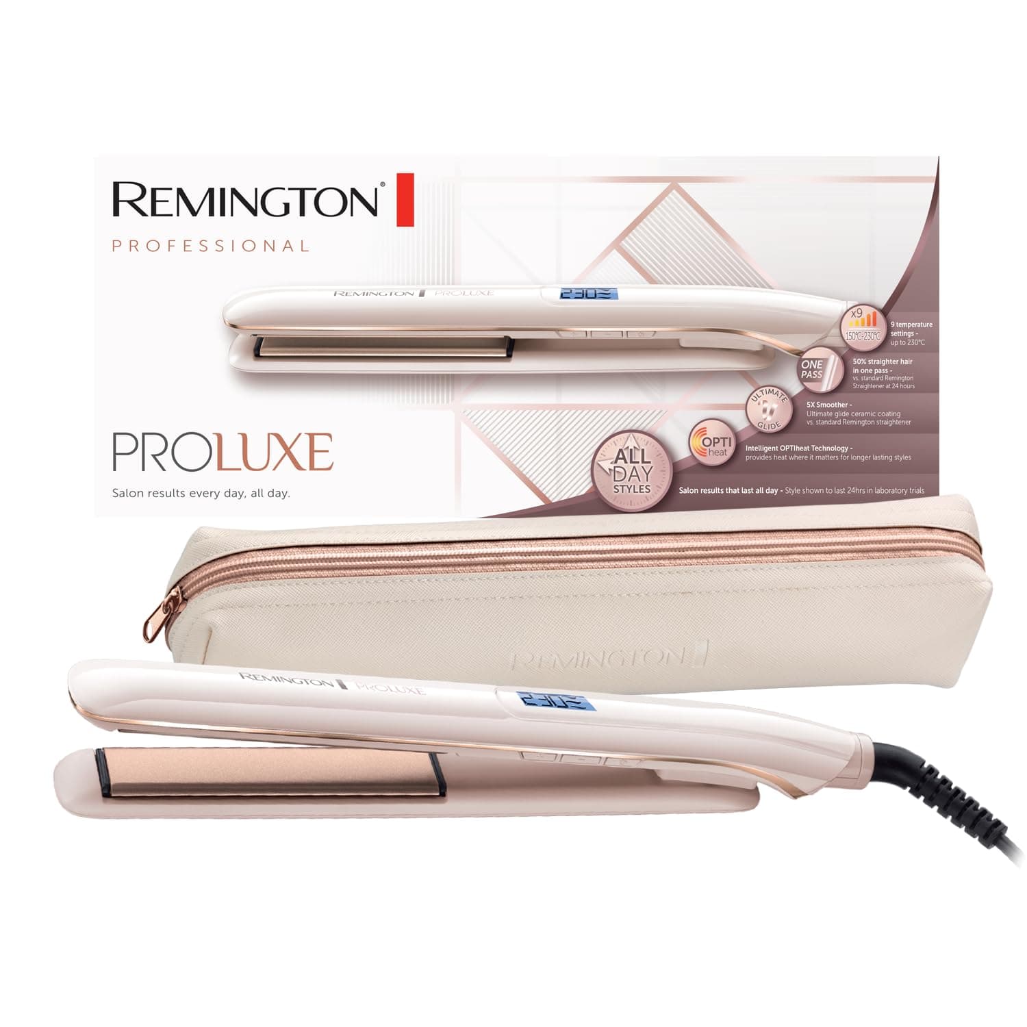 Proluxe Ceramic Hair Straighteners with Pro+ Low Temperature Protective Setting, Rose Gold - S9100