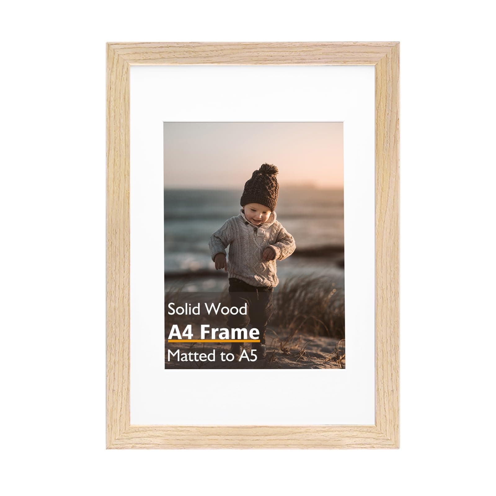 A4 Picture Frame, Natural Solid Wood Frame with Acrylic Plexiglass for Pictures A5 with Mat or A4 without Mat, Tabletop and Wall Mounting Display Photo Frame 1 Pack