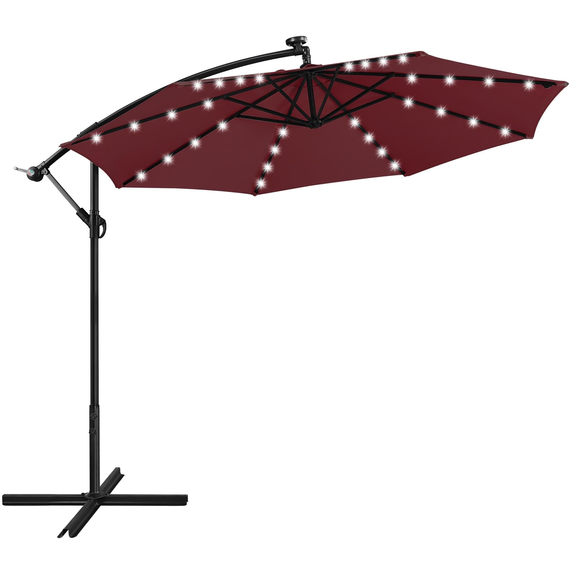 10FT Solar Offset Umbrella with 32 LED Lights Cantilever Hanging Outdoor Umbrellas Handy Crank & Cross Base for Lawn/Deck/Backyard/Pool Burgundy