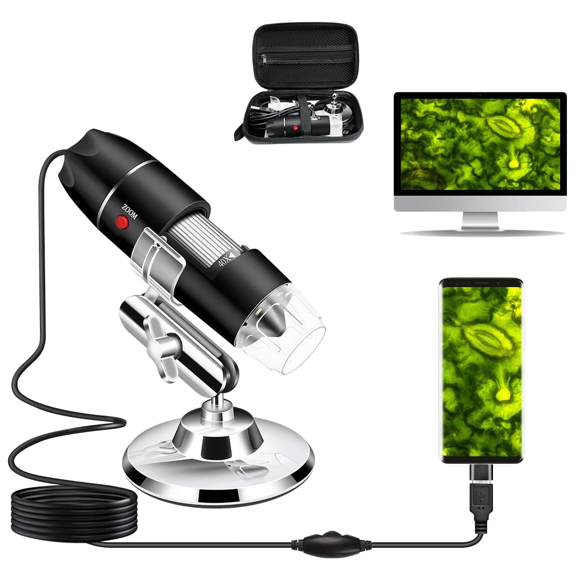 USB Microscope Camera 40X to 1000X, ByCainda Digital Microscope with Metal Stand & Carrying Case Compatible with Android Windows Linux Mac, Portable Microscope Camera for Kids Students Adults