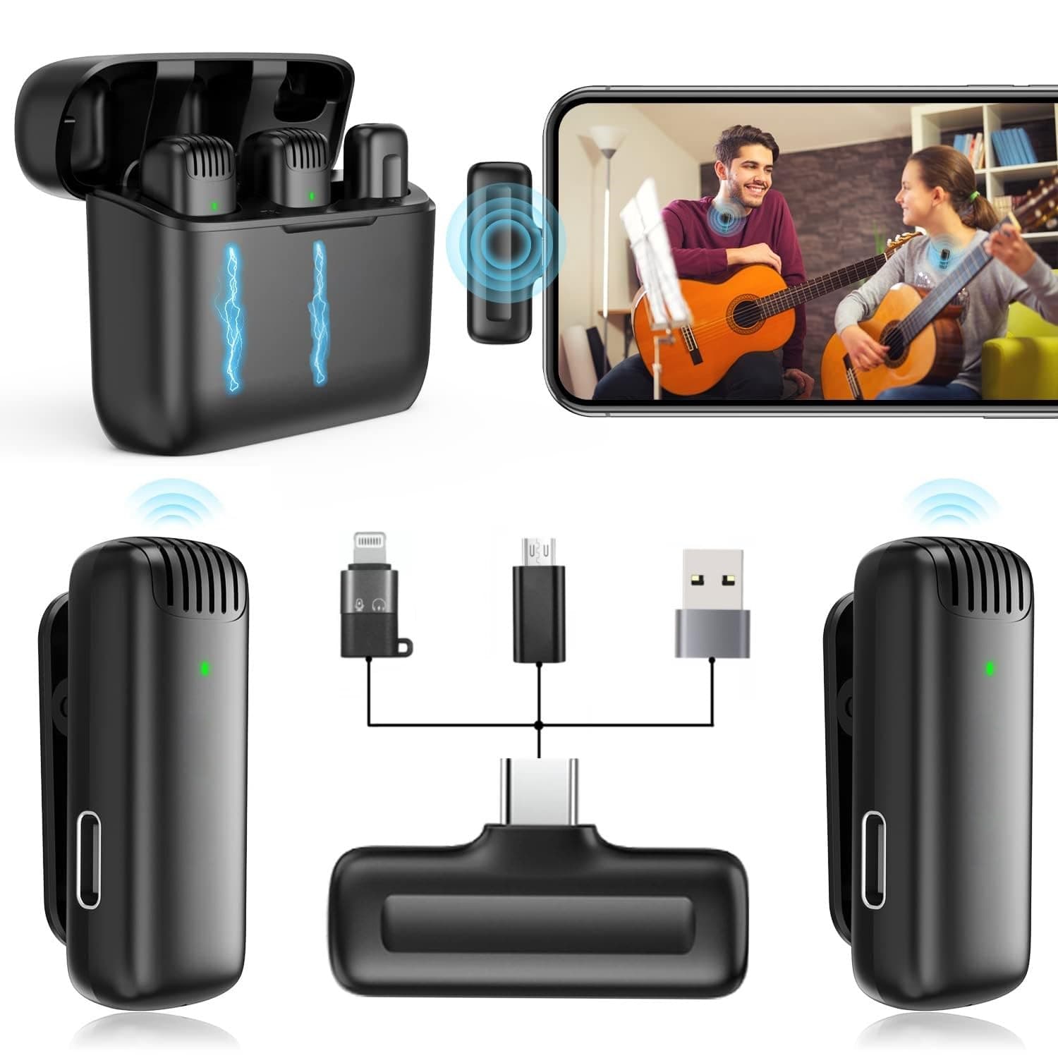 BassDrops Dual Set Professional Wireless Lavalier Microphone for Smartphone Android Computer Mini Lapel Recording Wireless Mic with Charging Case.