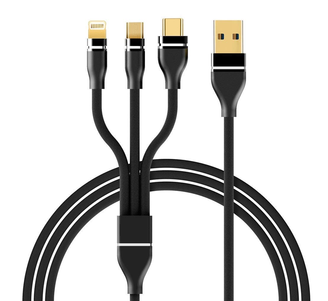 JSTBUY 3 in 1 Nylon Braided 3.0A Data Cable for Fast Charging Micro USB, iOS & Type C Mobile Phones (1.2 M) (BLACK)