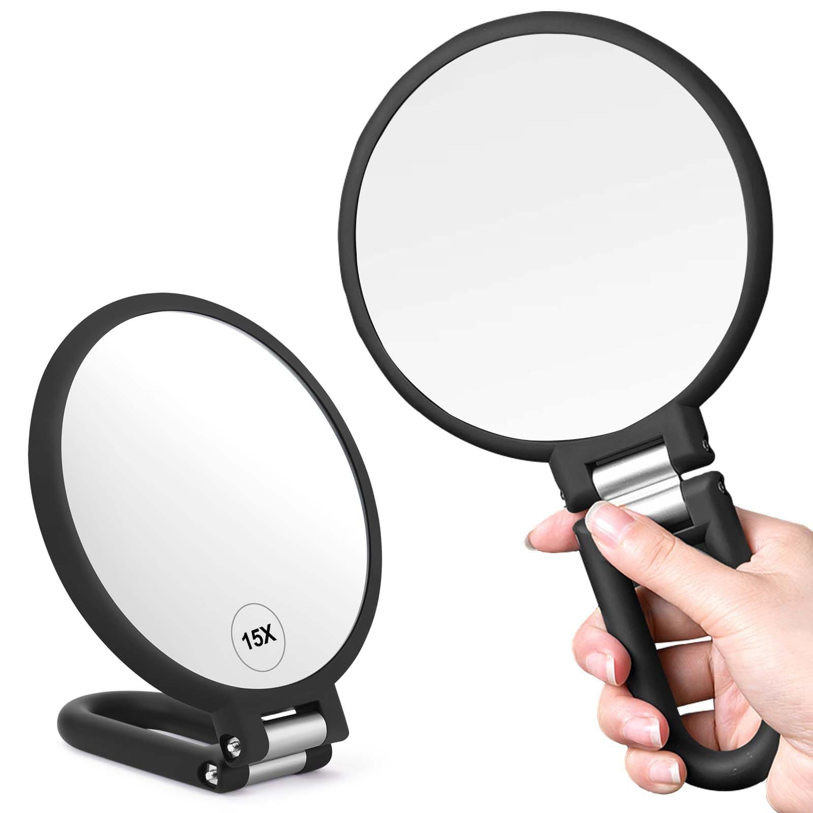 Magnifying Handheld Mirror Double Sided, 1X 15X Magnification Hand Mirrors, Travel Folding Hand Held Mirror, 360°Rotation Pedestal Makeup Vanity Mirror