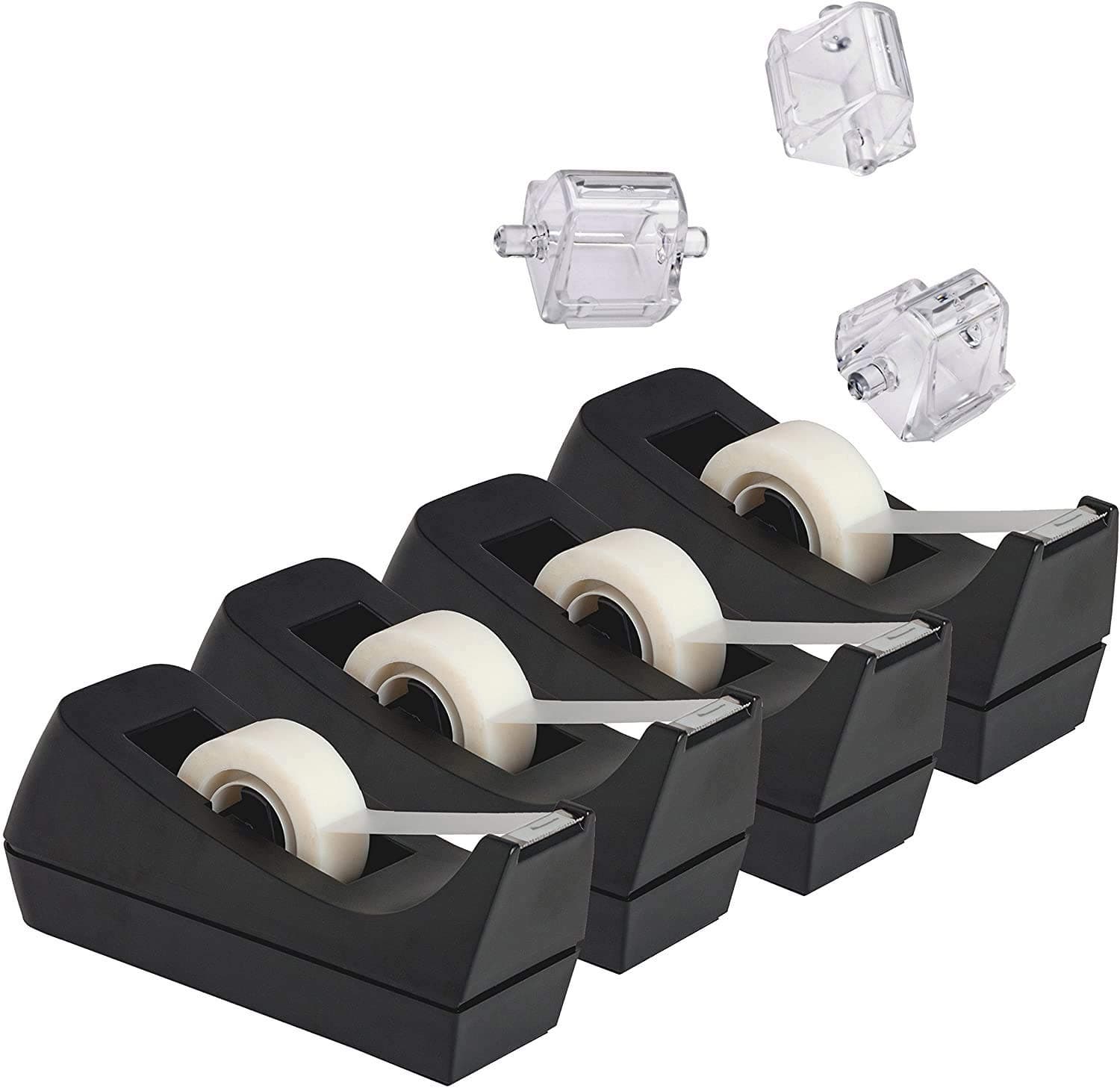 Desktop Tape Dispenser, 4-Pack, Non-Skid Base - with 3 Extra Dispenser Replacement Core (Core not Included), Perfect for Office, Home, School - Value Pack
