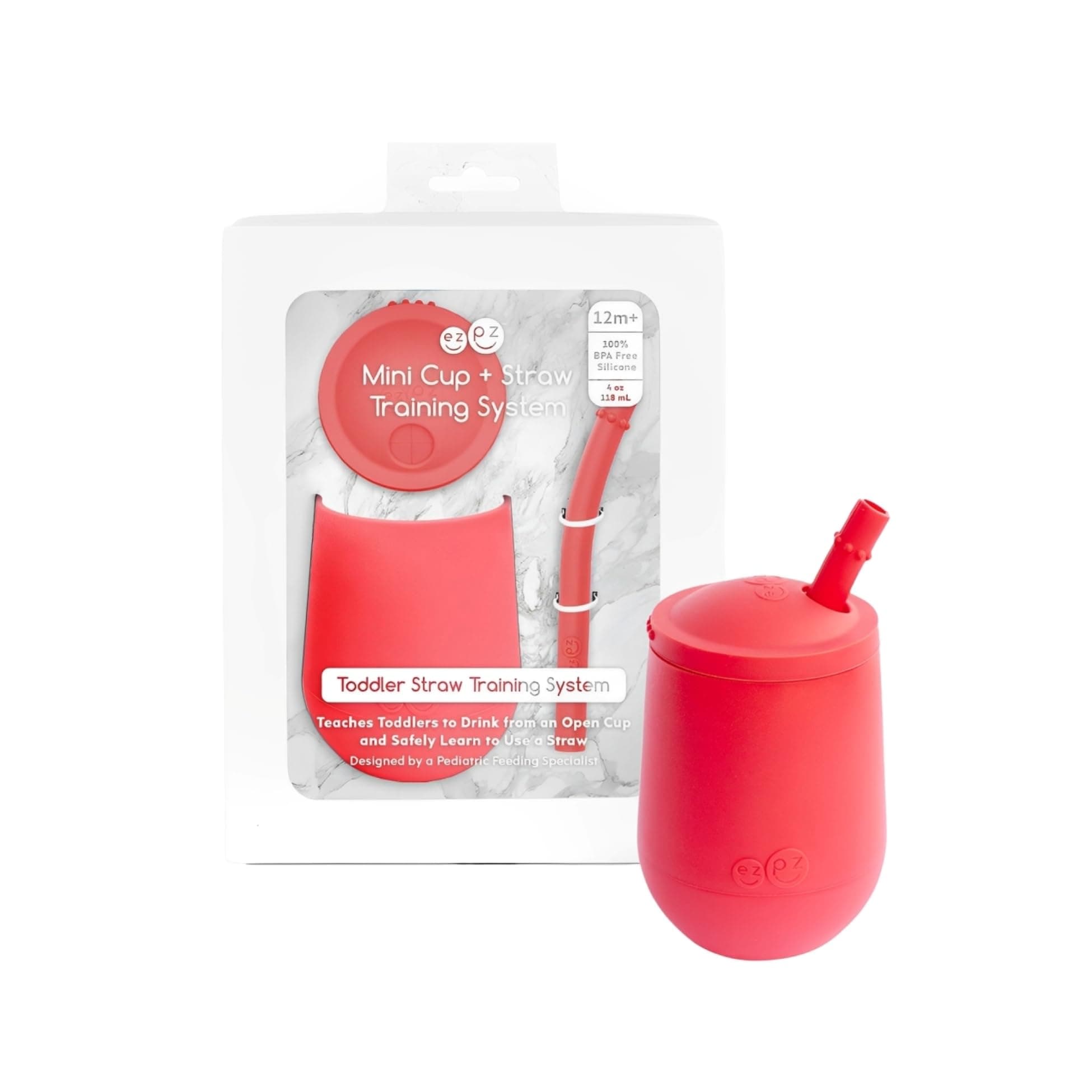 ezpz Mini Cup + Straw Training System (Coral) - 9 Months+ - 100% Silicone Training Cup for Infants + Toddlers - Designed by a Pediatric Feeding Specialist