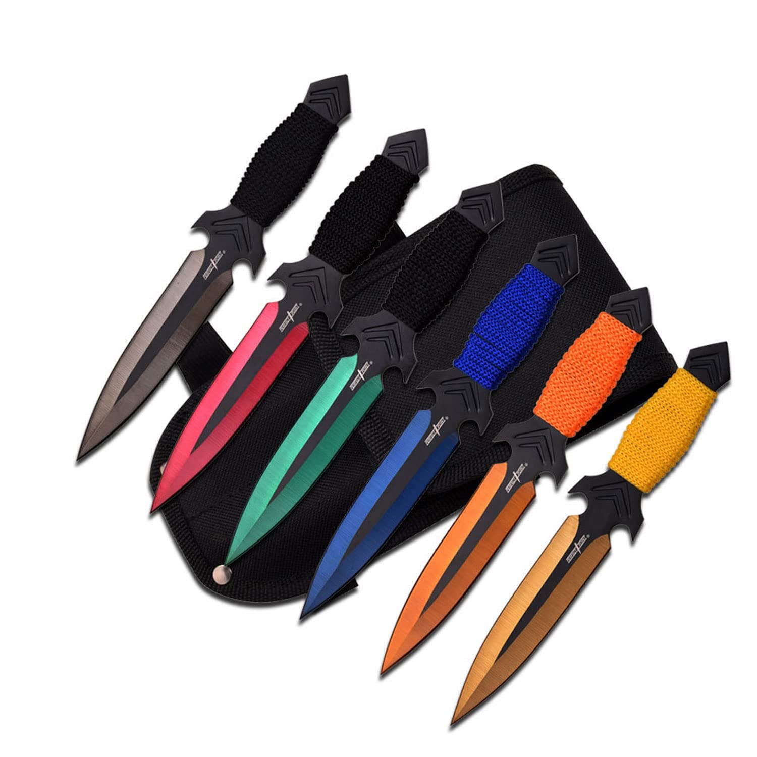 PP-081-6M Throwing Knife Set with Six Knives, Multicolored Blades, Cord-Wrapped Handles, 6.5-Inch Overall