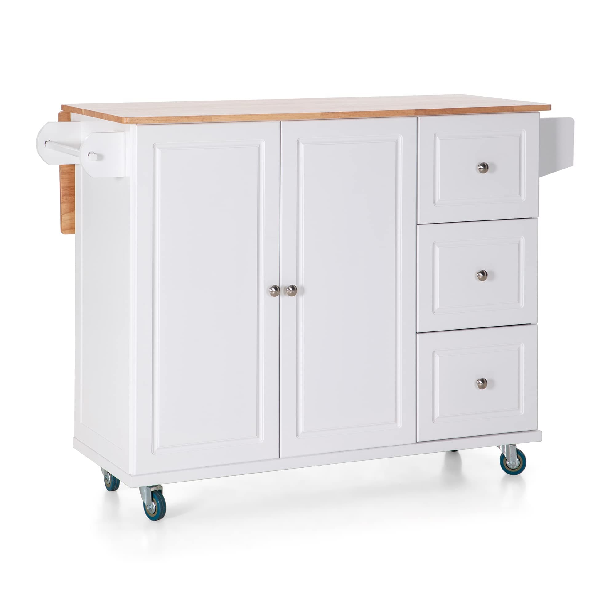 Sophia & William Kitchen Island Cart on Wheels with Drop-Leaf and Rubber Wood Top, Rolling Kitchen Trolley with 2-Door Storage Cabinet, 3 Drawers, Towel and Spice Rack, White