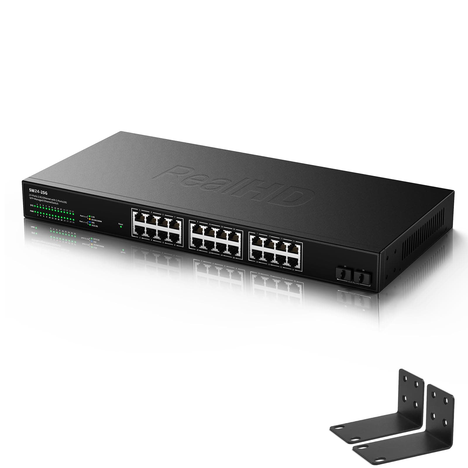 Real HD 24 Port 2.5Gb Ethernet Network Switch 24 x 2.5 Gigabit Base-T Port | 2 x 10G SFP+ | Compatible with 10-100-1000Mbps Devices | Fanless Quiet Metal Internet Switch | Rack Mount | 160G Bandwidth