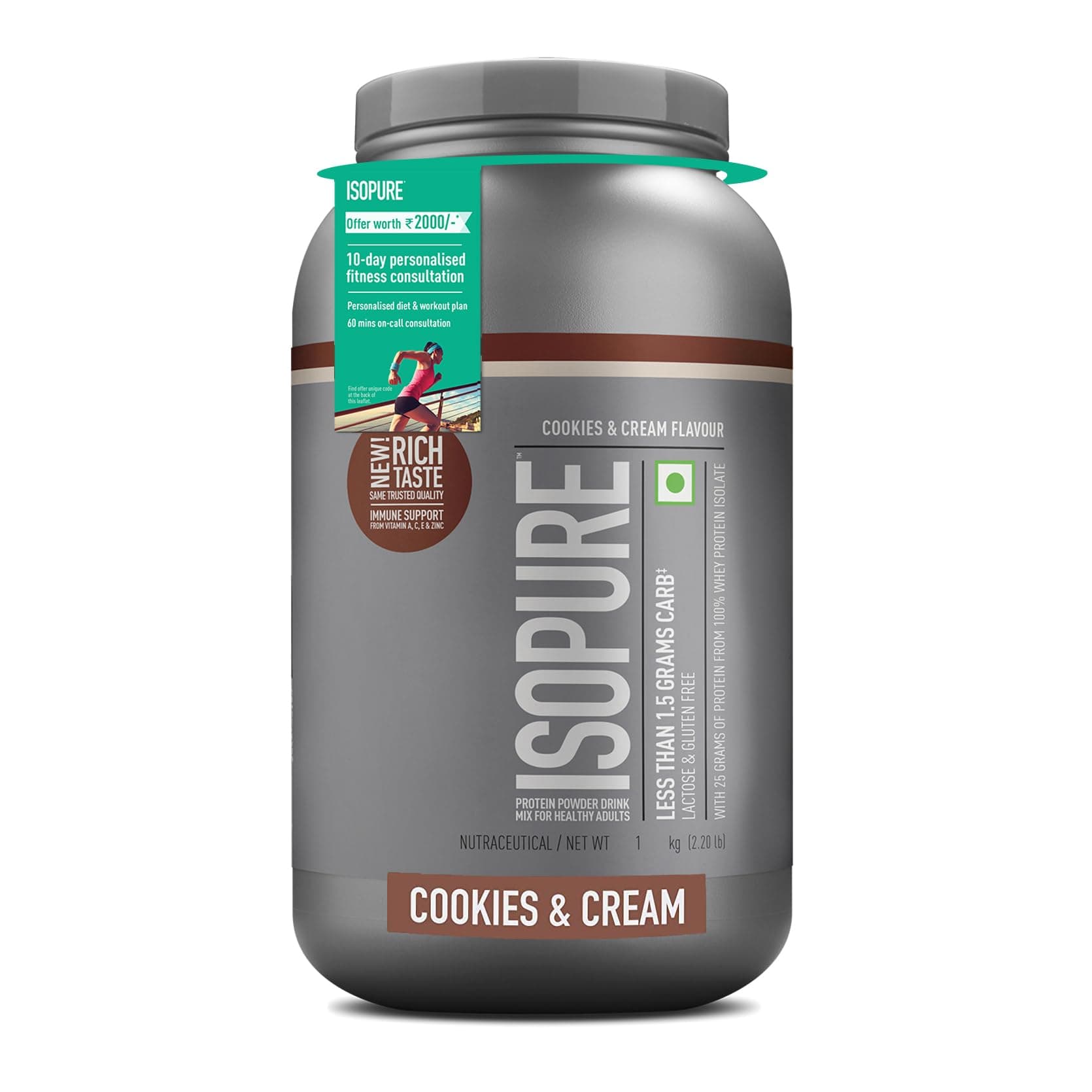 Whey Protein Isolate Powder with less than 1.5gm of Carbs and Vitamins for Immune Support - 1 kg Cookies & Cream, Vegetarian protein for Men & Women. Offer Pack