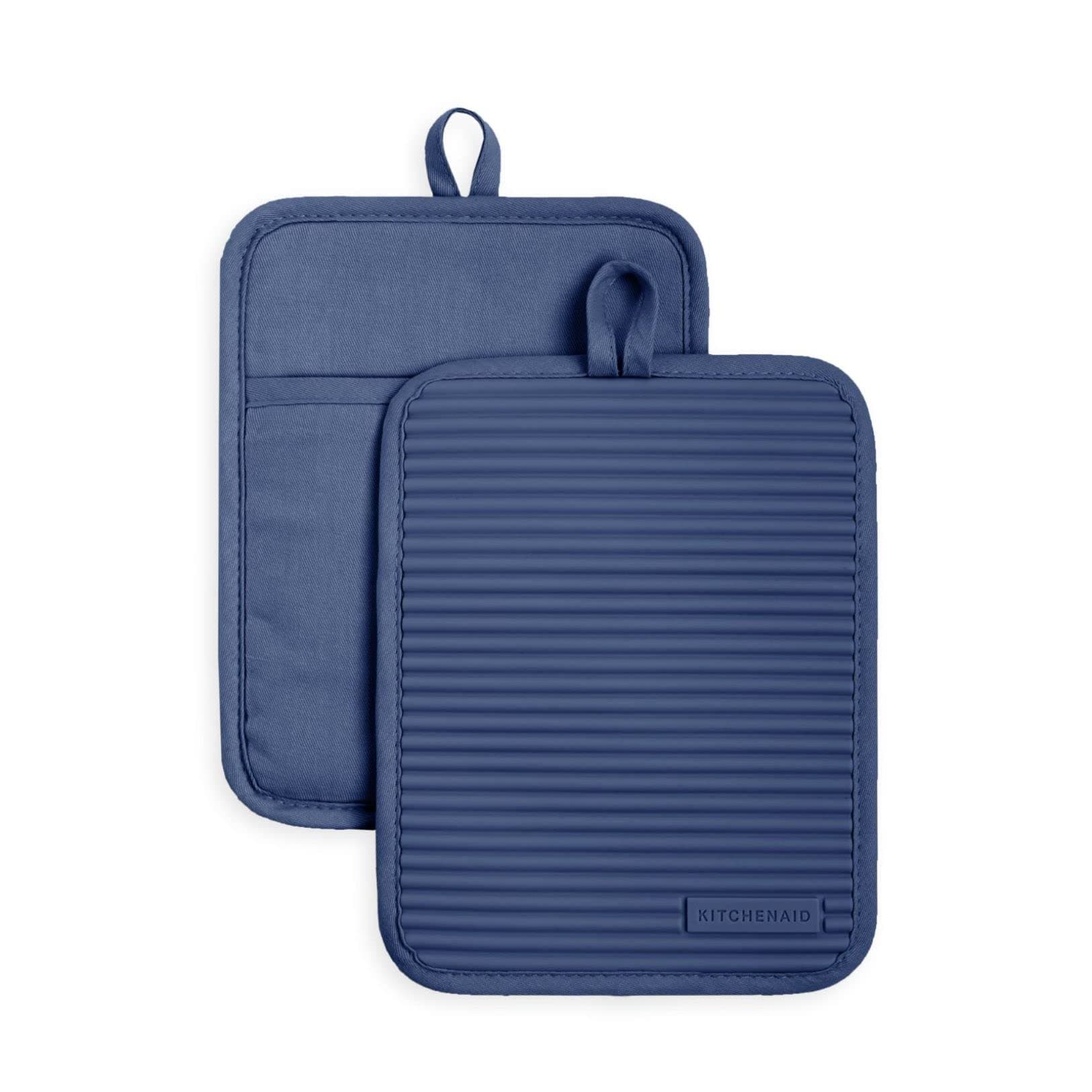 KITCHENAID 2 Pack Ribbed Soft Silicone Pot Holder, 7"x9", Blue Willow