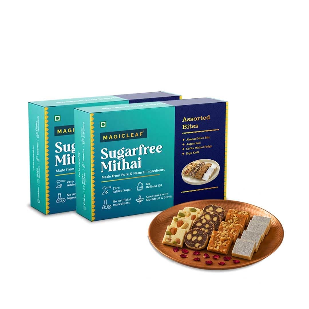 Magic Leaf Sugar Free Dessert Combo - 500 gm (Pack of 2, 250 gm Each), Kaju Katli, Coffee Walnut Fudge, Almond Mewa Bite & Anjeer Roll | Freshly Made Mithai Box, Sweetened with Stevia, No Refined Oil