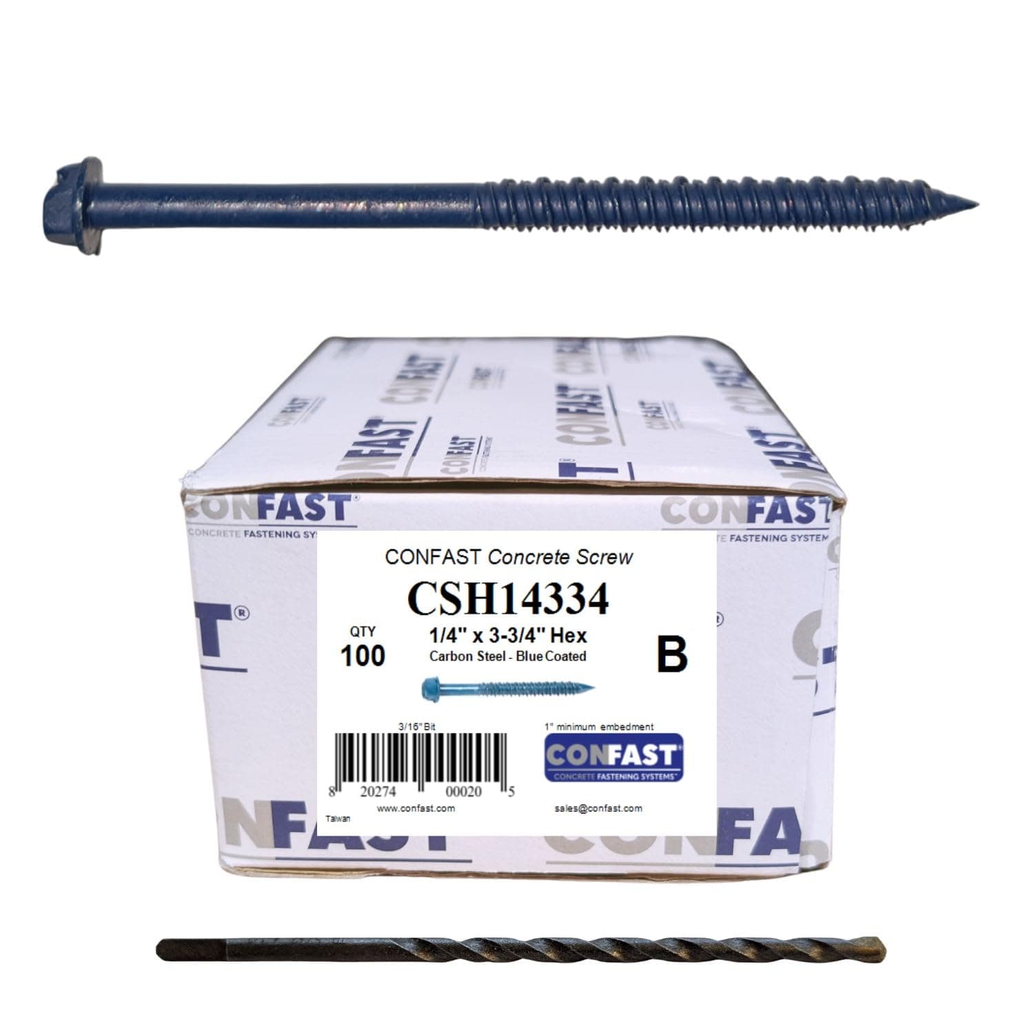CONFAST 1/4" x 3-3/4" Hex Head Concrete Screw Anchor with Drill Bit for Anchoring to Masonry, Block or Brick (100 per Box)