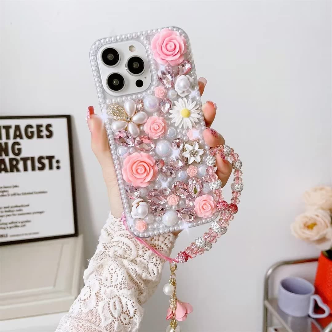 for iPhone 13 Pro Max Bling Case,Luxury Crystal Rhinestone Flowers Glitter Diamond Pearl Women Girls Kids Cover Case with Lanyard for iPhone 13 Pro Max 6.7 inch