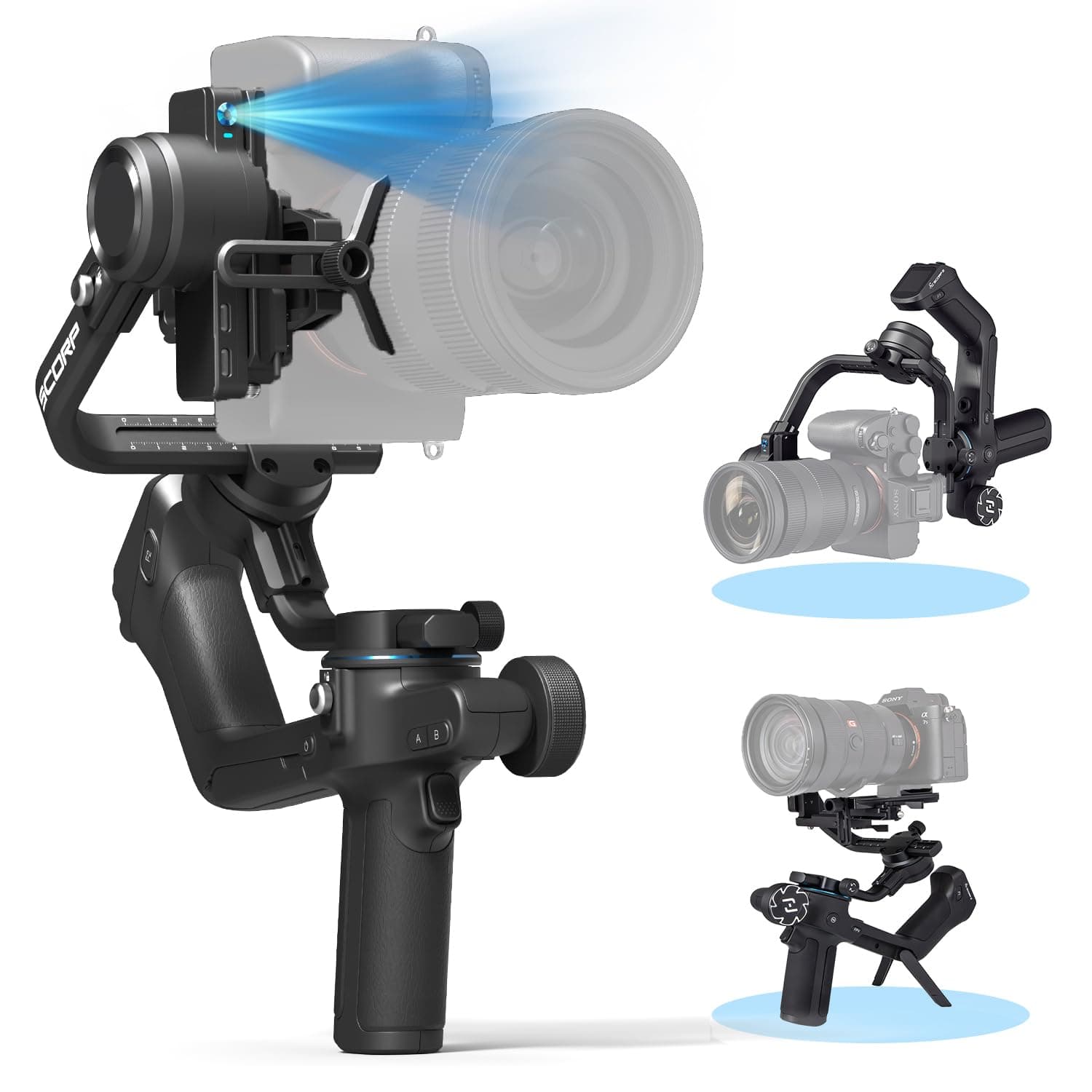 SCORP 2,3-Axis Gimbal Stabilizer for Mirrorless/DSLR(Sony FX3/A7IV, Canon R6),Built-in AI Tracking,5.51lb Payload,Native Vertical Filming for TikTok/Vlog,Integrated Handle&Bluetooth Control