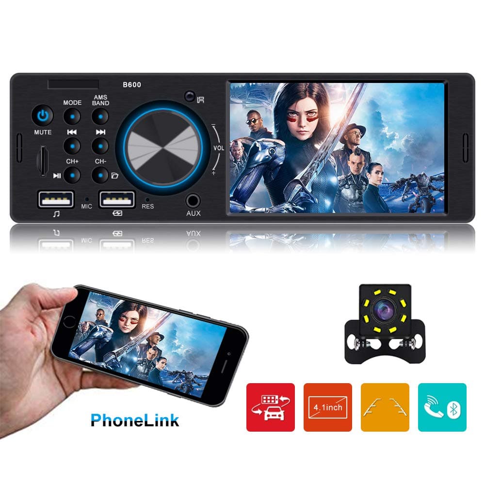 Single Din Car stereo with Bluetooth Car Stereo with bakcup camera Car Radio Player Car Audio with 4.1 Inch HD Screen support Steering Wheel Remote Control