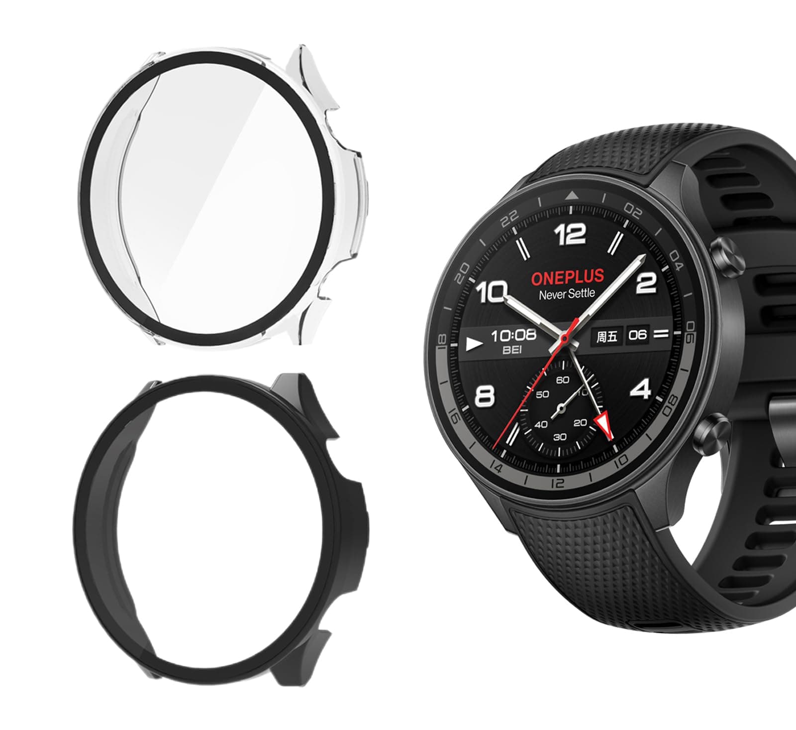 DETUEUA 2 Pack Case Compatible with OnePlus Watch 2R, PC Hard Frame Embedded with Tempered Glass Film, Screen Protector Premium Lightweight Protective Cover - Clear + Black
