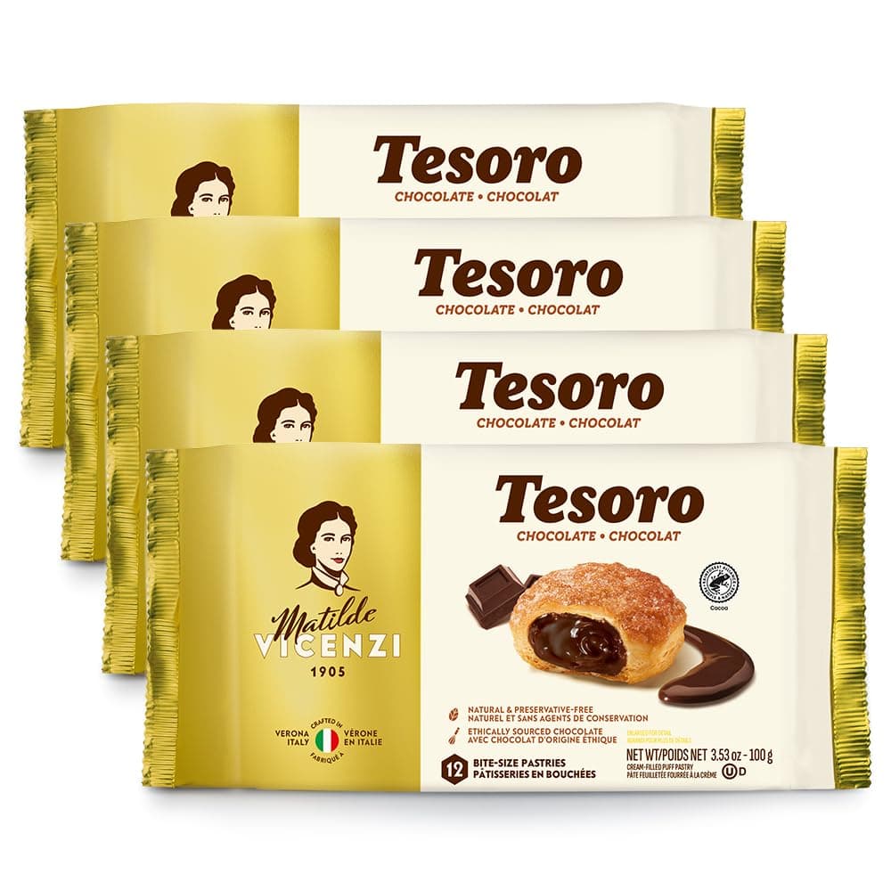 Tesoro Chocolate Filling by Pasticceria Matilde Vicenzi, Chocolate Cream Filled Puff Pastry Patisserie, Kosher Dairy, Made in Italy, 3.53oz (100g), 4-Pack