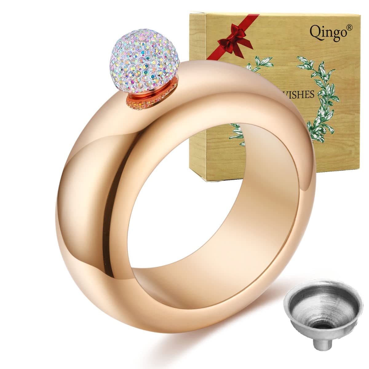 Bracelet Flask Bangle Flask Creative Stainless 304 Steeland Hip Flask Funnel Set For Women 3.5 oz (Rose Red With Rhinestones Lid)