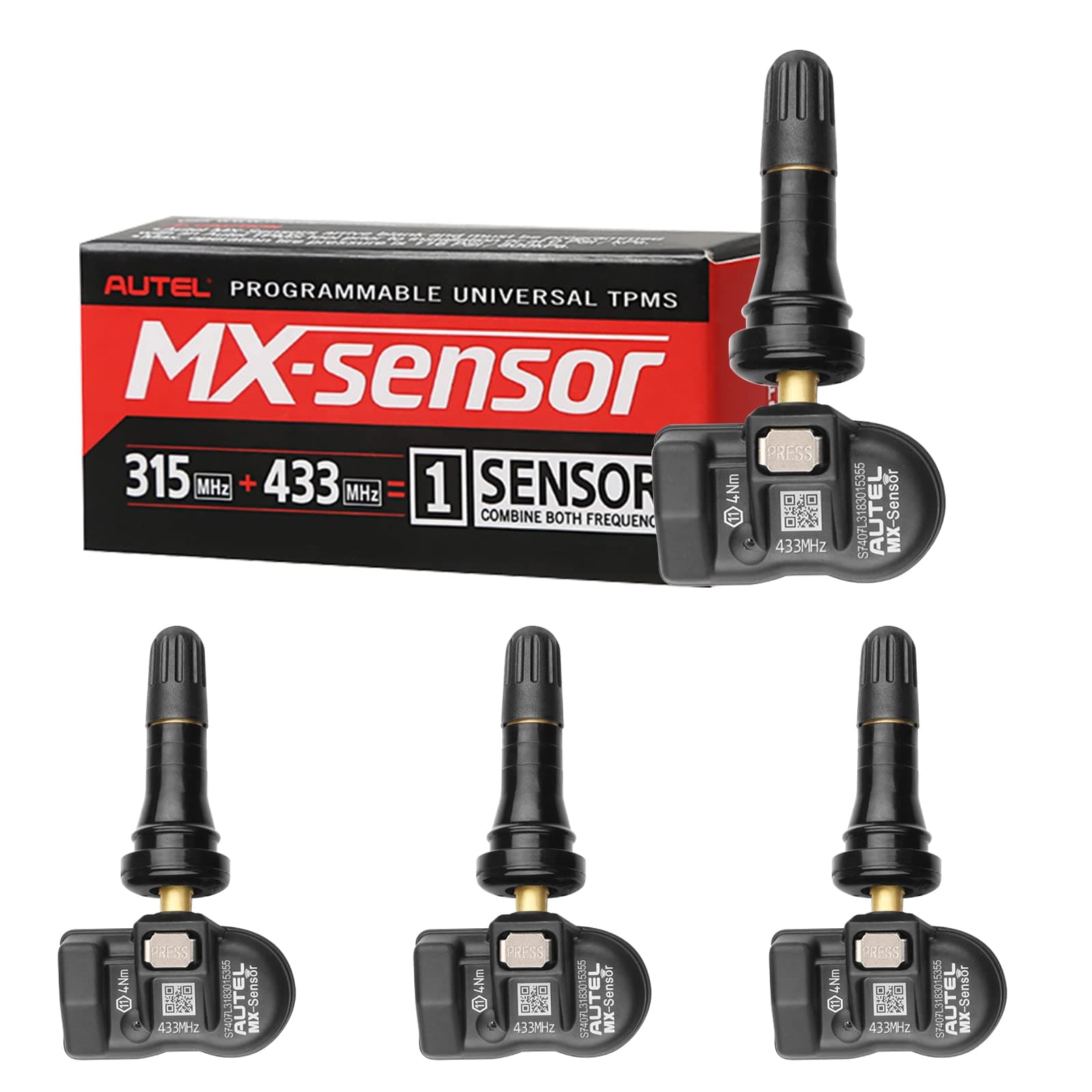 TPMS Sensor MX-Sensor 315MHz+433MHz 2in1 TPS218 Tire Sensor Tire Pressure Monitoring System Sensor Program Universal Replace 98% of OE Sensor SAE Standard J1205/J120 (Rubber Valve Stem, 4pack)