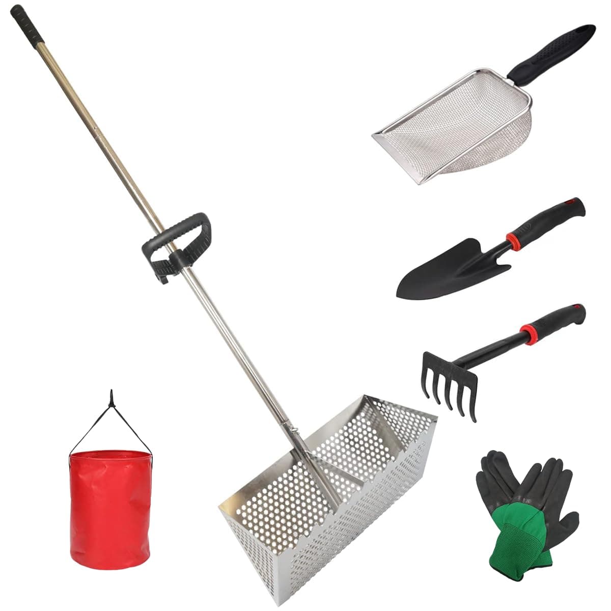 Sand Fleas Rake For Beach,Detachable 47 Inches Long Handle,Collapsible Shark Tooth Sifter Beach,Sand Crab Catcher With Foldable Pail,Beach Mesh Shovel,Beach Shovel,Claw Rake,Gloves