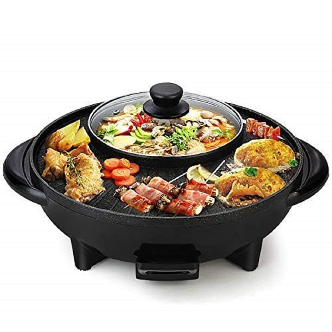 Electric BBQ Hot Pot Double Pot, Non Stick Coating Surface Double Layer Square Barbecue Grill Griddle Pan with Glass Lid for Tandoor Veg-Non Veg Kitchen Cooking Baking Frying Pan 1500W
