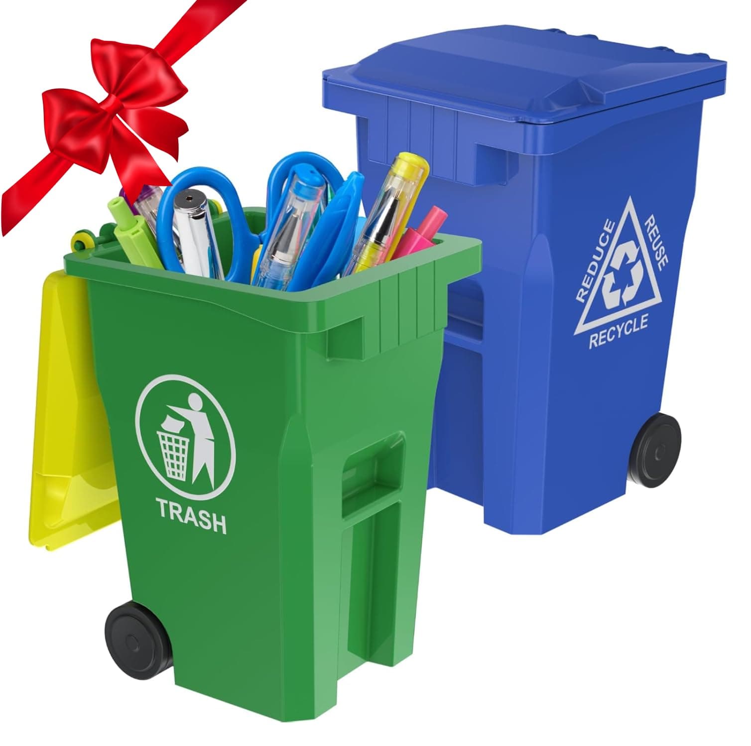 Wiosi Mini Garbage Trash Pen Holder for Desk, Pack of 2, Blue & Green, Tiny Recycle Bin Pencil Holder | Storage for Pencils & Pens | Office Stationery to Organize The Desk | Ideal for Student Work
