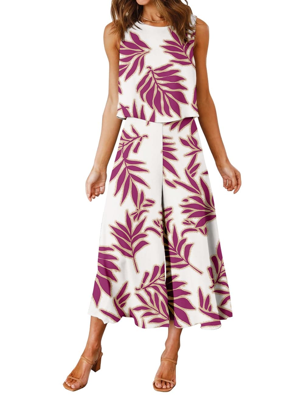 Women's Summer 2 Piece Outfits Round Neck Crop Basic Top Cropped Wide Leg Pants Set Jumpsuits