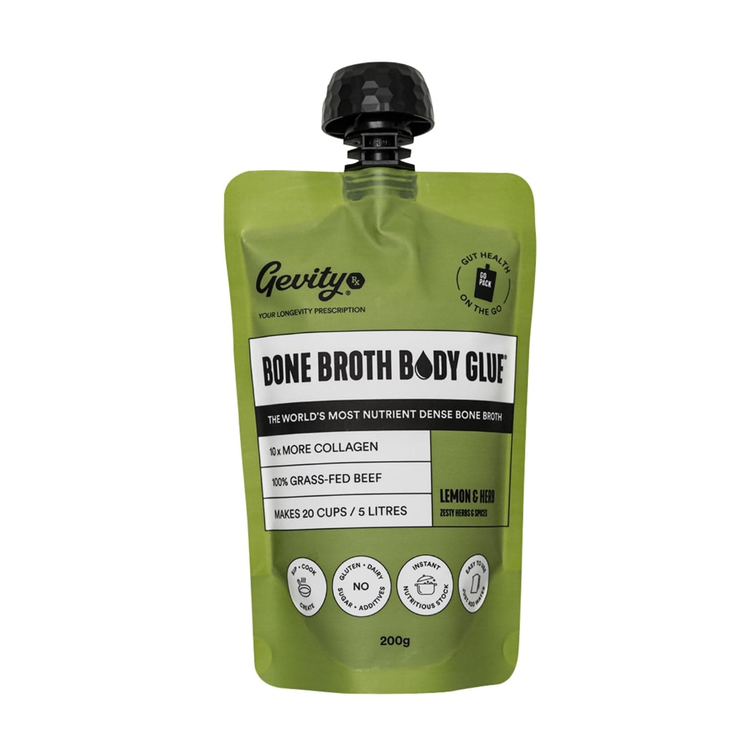 Bone Broth Body Glue- LEMON & HERB, Go Pouch, Bone Broth Concentrate, 10x more collagen*, The Most Nutrient Dense, Sip-Cook- Create, 100% Grass Fed Beef, 20 servings|5 Litres, 7.05 Ounce