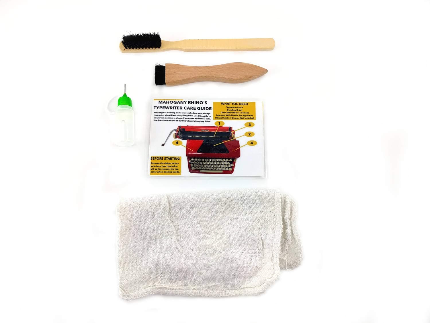 Manual Typewriter Cleaning and Care Kit - 2 Typewriter Brushes, Typewriter Oil, Cotton Cloths, Care and Cleaning Card