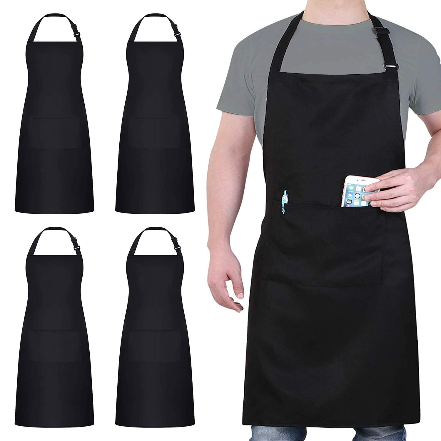 loteaf 4 Packs Chef Apron, Black Waterproof Apron, Adjustable Aprons with 2 Pockets for Men Women, Professional Aprons for Kitchen Cooking Gardening Painting Baking Restaurant (Black)