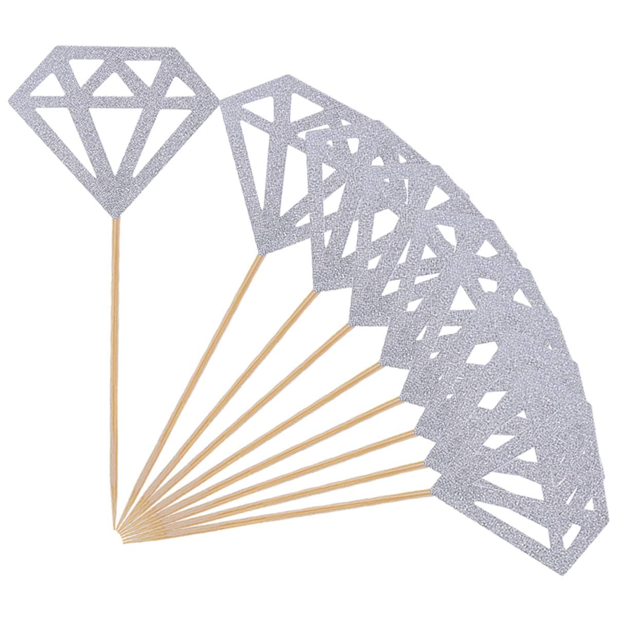 50 Pack Diamond Cupcake Toppers Silver Glitter Diamond Cupcake Picks for Wedding Bridal Shower Party Cake Decoration Supplies